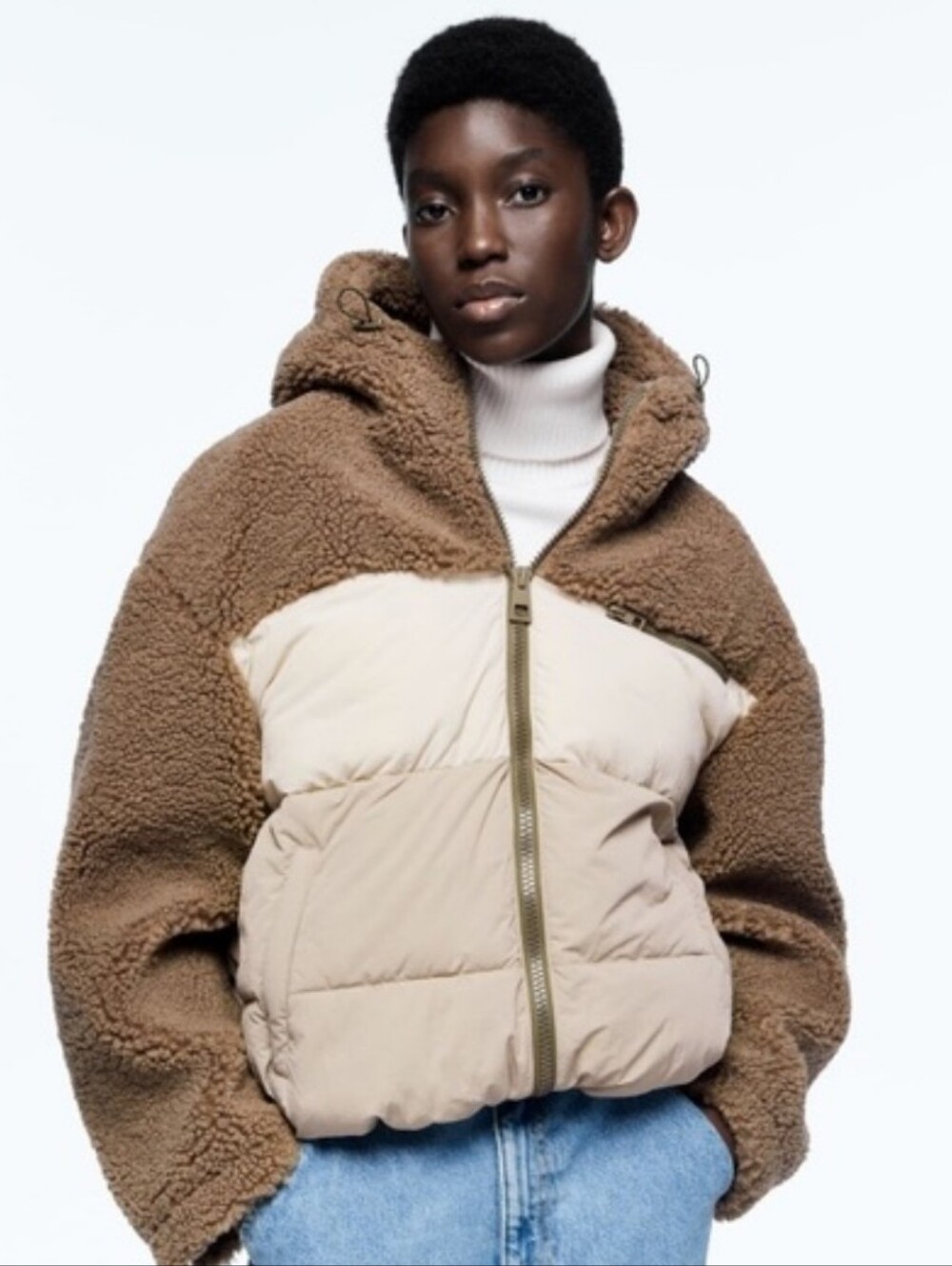 Zara Faux Shearling Contrast Puffer Jacket